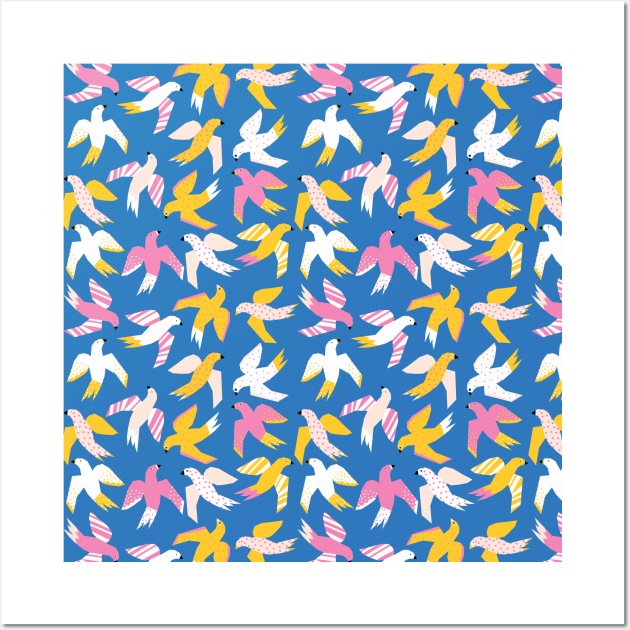 Collage Birds Blue Pink White Yellow Wall Art by Sandra Hutter Designs